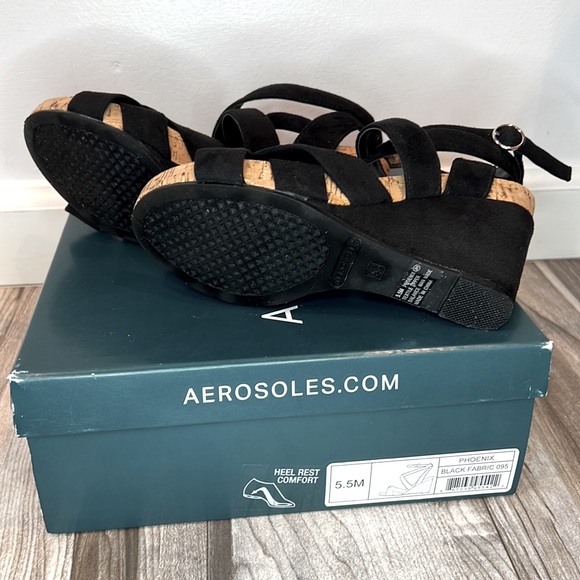 🖤Aerosoles Phoenix Black Suede/Cork Ankle Strappy Wedge with Heel Rest Comfort - Picture 5 of 8